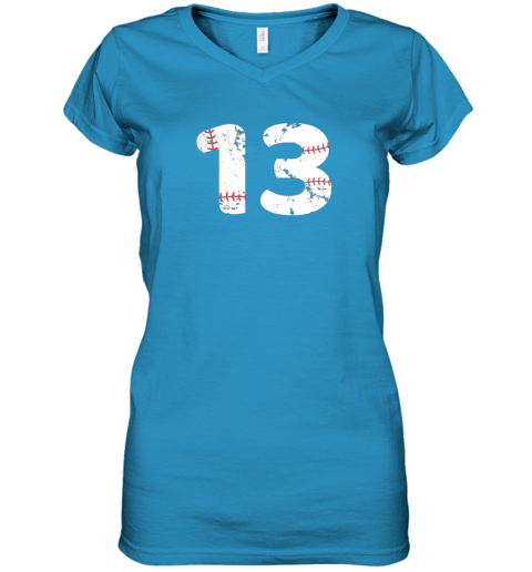 yoln number 13 baseball vintage distressed team women v neck t shirt 39 front sapphire