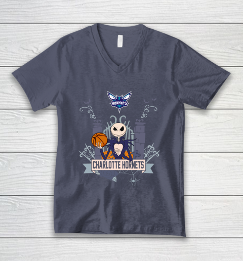 NBA Charlotte Hornets Basketball Jack Skellington Halloween V-Neck T-Shirt 7