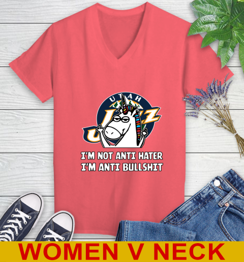 Utah Jazz NBA Basketball Unicorn I'm Not Anti Hater I'm Anti Bullshit Women's V-Neck T-Shirt 7