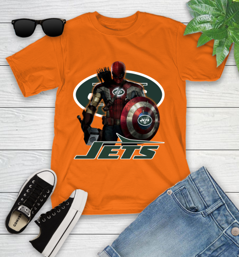 NFL Captain America Thor Spider Man Hawkeye Avengers Endgame Football New York Jets Youth T-Shirt 7