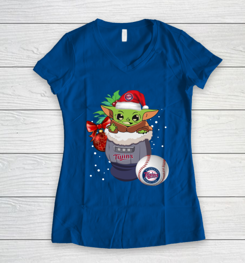 Minnesota Twins Christmas Baby Yoda Star Wars Funny Happy MLB Women's V-Neck T-Shirt 9