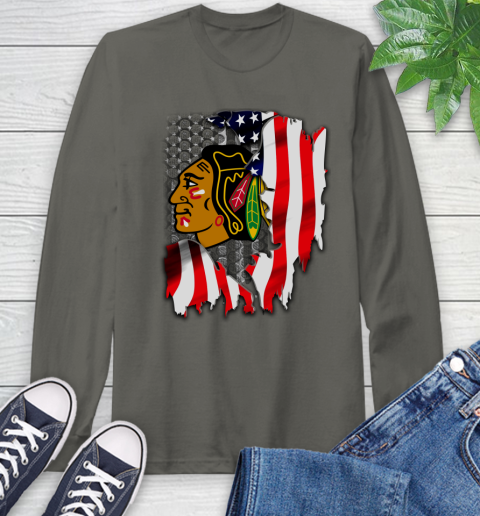 Chicago Blackhawks NHL Hockey American Flag Long Sleeve T-Shirt 9