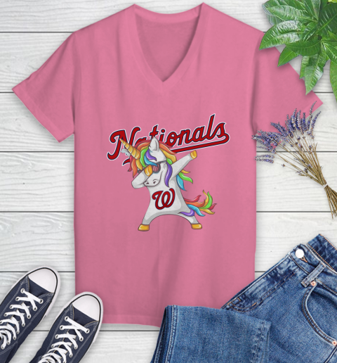 Washington Nationals MLB Baseball Funny Unicorn Dabbing Sports Women's V-Neck T-Shirt 13