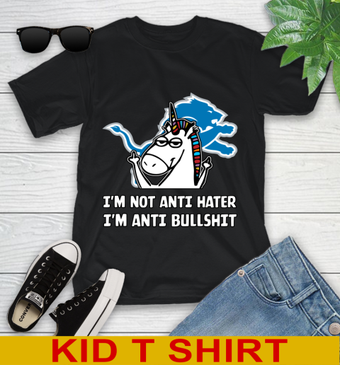 Detroit Lions NFL Football Unicorn I'm Not Anti Hater I'm Anti Bullshit Youth T-Shirt 2