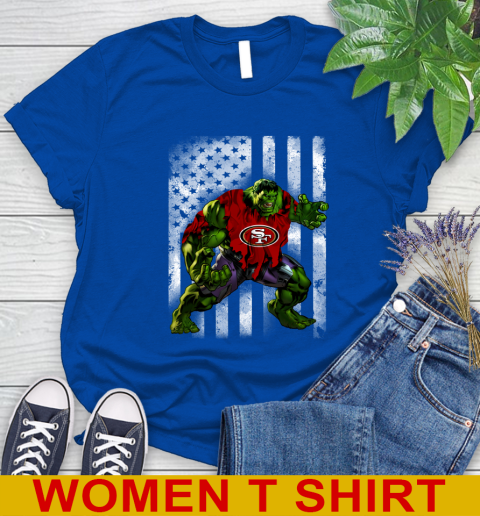 San Francisco 49ers Hulk Marvel Avengers NFL Football American Flag Women's T-Shirt 10