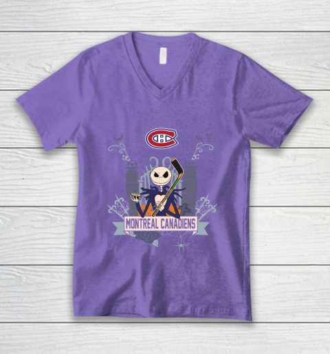 NHL Montreal Canadiens Hockey Jack Skellington Halloween V-Neck T-Shirt 8