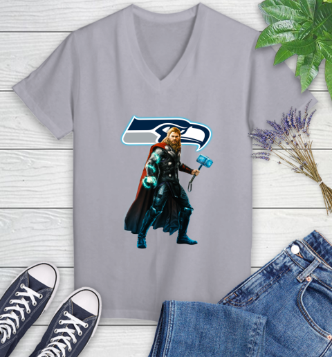 NFL Thor Avengers Endgame Football Seattle Seahawks Women's V-Neck T-Shirt 4