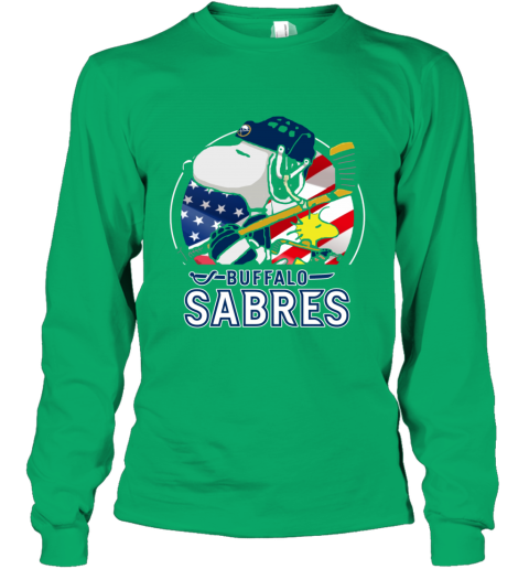 kudn buffalo sabres ice hockey snoopy and woodstock nhl youth long sleeve 50 front irish green