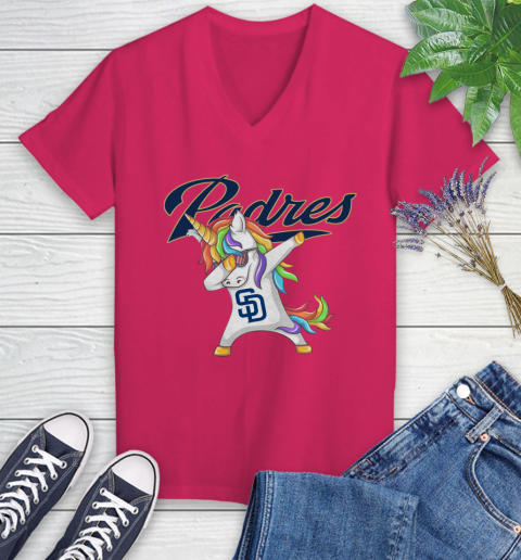 San Diego Padres MLB Baseball Funny Unicorn Dabbing Sports Women's V-Neck T-Shirt 9