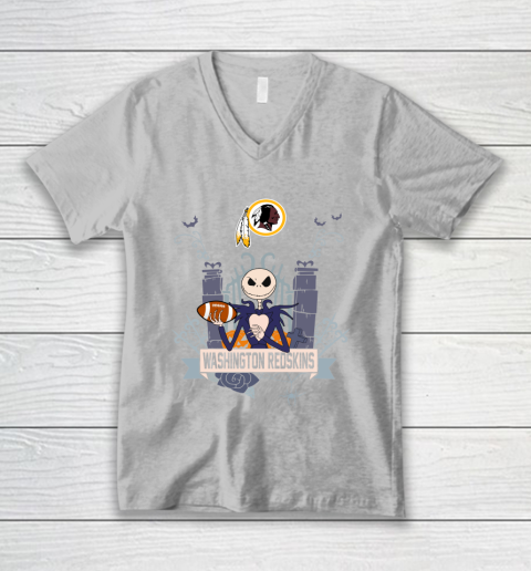 NFL Washington Redskins Football Jack Skellington Halloween V-Neck T-Shirt 3
