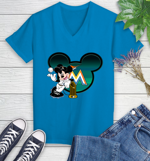 MLB Miami Marlins The Commissioner's Trophy Mickey Mouse Disney Women's V-Neck T-Shirt 7