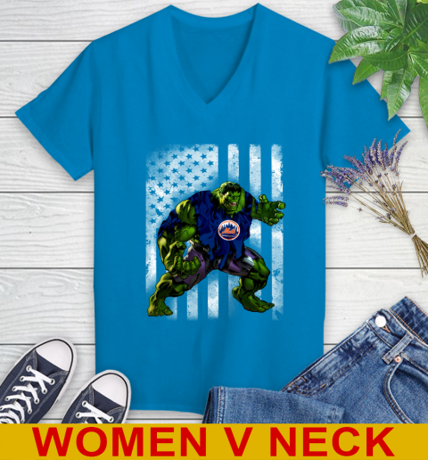 New York Mets Hulk Marvel Avengers MLB Baseball American Flag Women's V-Neck T-Shirt 7