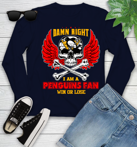 NHL Damn Right I Am A Pittsburgh Penguins Win Or Lose Skull Hockey Sports Youth Long Sleeve 2
