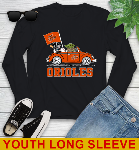 MLB Baseball Baltimore Orioles Darth Vader Baby Yoda Driving Star Wars Shirt Youth Long Sleeve 2