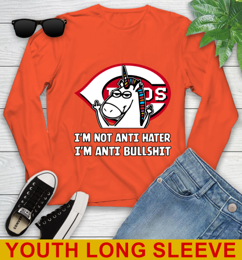 Cincinnati Reds MLB Baseball Unicorn I'm Not Anti Hater I'm Anti Bullshit Youth Long Sleeve 4