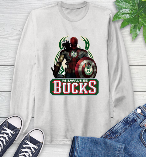 Milwaukee Bucks NBA Basketball Captain America Thor Spider Man Hawkeye Avengers Long Sleeve T-Shirt