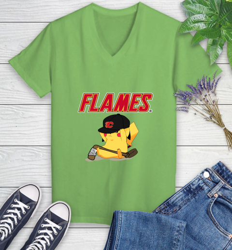 NHL Pikachu Hockey Sports Calgary Flames Women's V-Neck T-Shirt 11