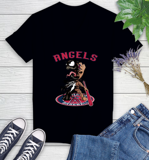 MLB Los Angeles Angels Baseball Venom Groot Guardians Of The Galaxy Women's V-Neck T-Shirt 2