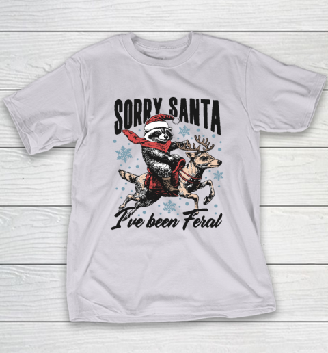 Vintage Sorry Santa I've Been Feral Raccoon Riding Horse Christmas Youth T-Shirt 3