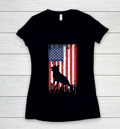 German Shepherd 4th of July Patriotic American USA Flag Women's V-Neck T-Shirt