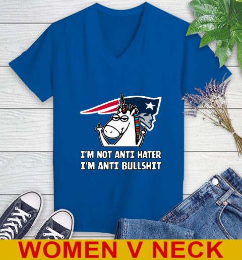 New England Patriots NFL Football Unicorn I'm Not Anti Hater I'm Anti Bullshit Women's V-Neck T-Shirt 11