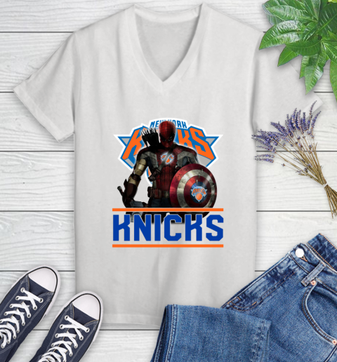 New York Knicks NBA Basketball Captain America Thor Spider Man Hawkeye Avengers Women's V-Neck T-Shirt