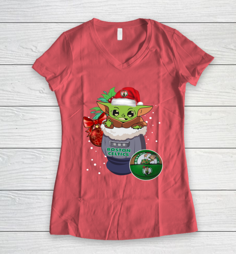 Boston Celtics Christmas Baby Yoda Star Wars Funny Happy NBA Women's V-Neck T-Shirt 6