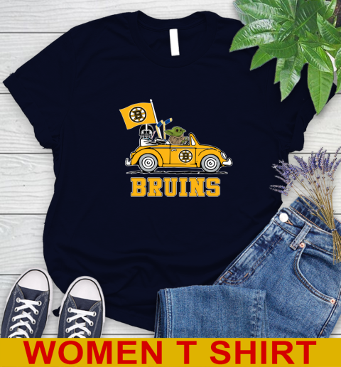 NHL Hockey Boston Bruins Darth Vader Baby Yoda Driving Star Wars Shirt Women's T-Shirt 3