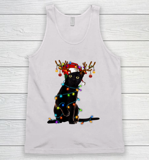 Black Cat Christmas Light T Shirt Funny Cat Lover Christmas Tank Top