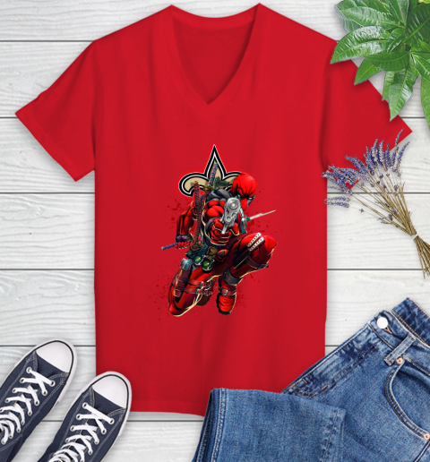 NFL Deadpool Marvel Comics Sports Football New Orleans Saints Women's V-Neck T-Shirt 12
