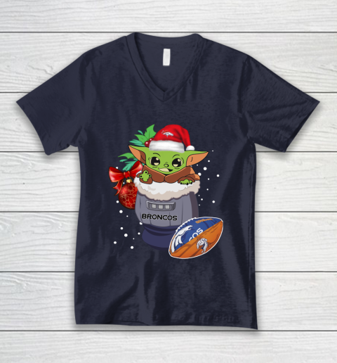 Denver Broncos Christmas Baby Yoda Star Wars Funny Happy NFL V-Neck T-Shirt 3