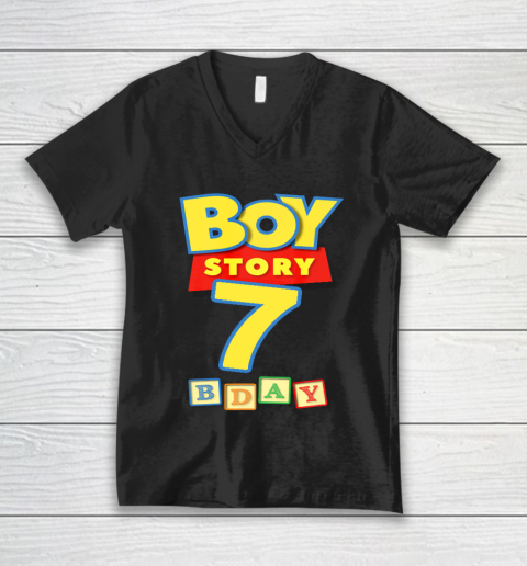 Toy Blocks Boy Story 7 Year Old Birthday V-Neck T-Shirt
