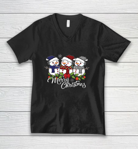 Vintage Snowman Snowmen Buffalo Plaid Christmas Snowflakes V-Neck T-Shirt