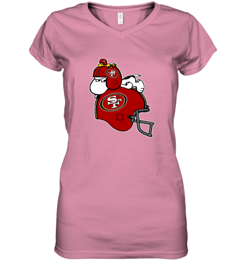 5dqu snoopy and woodstock resting on san francisco 49ers helmet women v neck t shirt 39 front azalea