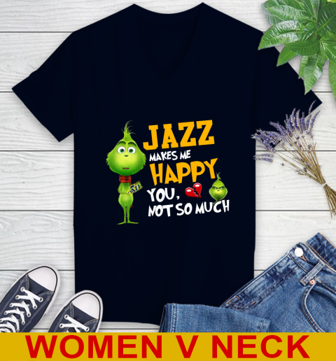 NBA Utah Jazz Makes Me Happy You Not So Much Grinch Basketball Sports Women's V-Neck T-Shirt 2