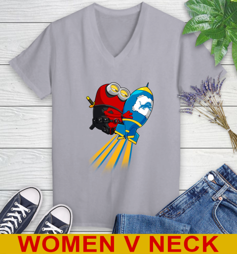 NFL Football Detroit Lions Deadpool Minion Marvel Shirt Women's V-Neck T-Shirt 4