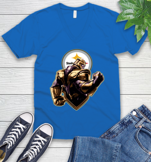 NFL Thanos Avengers Endgame Football Sports Pittsburgh Steelers V-Neck T-Shirt 6