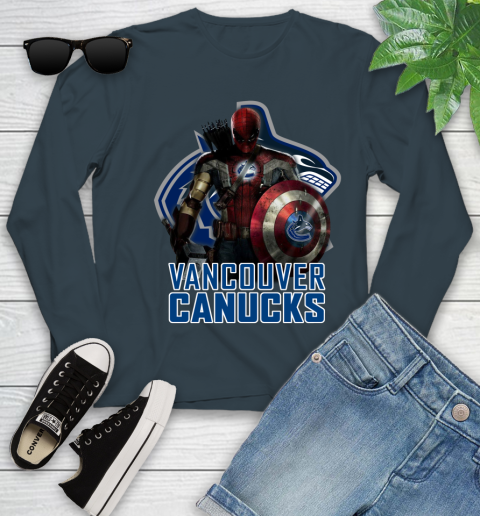 NHL Captain America Thor Spider Man Hawkeye Avengers Endgame Hockey Vancouver Canucks Youth Long Sleeve 8