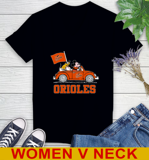 MLB Baseball Baltimore Orioles Pluto Mickey Driving Disney Shirt Women's V-Neck T-Shirt 2
