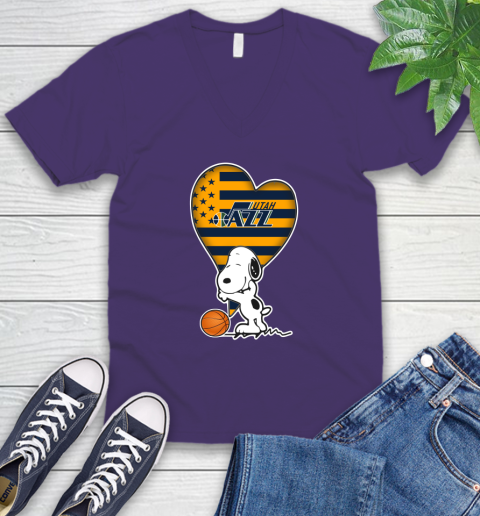 Utah Jazz NBA Basketball The Peanuts Movie Adorable Snoopy V-Neck T-Shirt 10