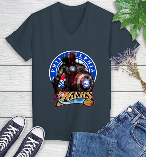 Philadelphia 76ers NBA Basketball Captain America Thor Spider Man Hawkeye Avengers (1) Women's V-Neck T-Shirt 8