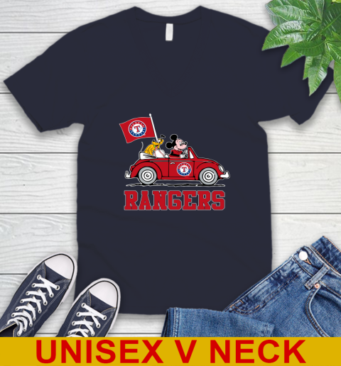 MLB Baseball Texas Rangers Pluto Mickey Driving Disney Shirt V-Neck T-Shirt 3