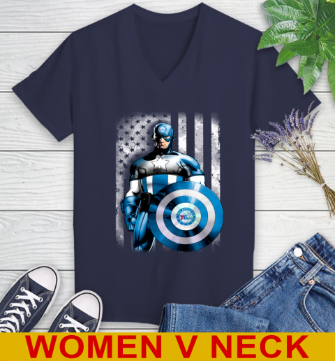 Philadelphia 76ers NBA Basketball Captain America Marvel Avengers American Flag Shirt Women's V-Neck T-Shirt 12