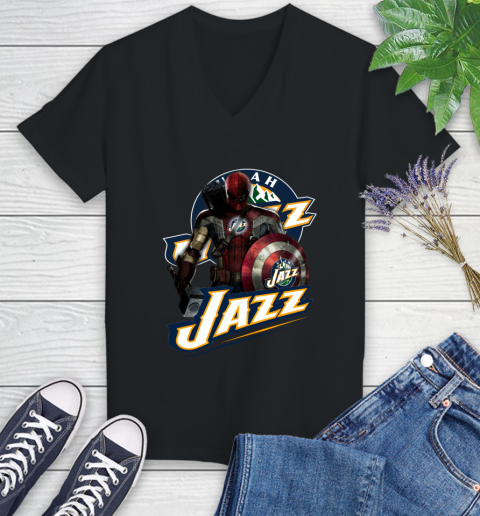 Utah Jazz NBA Basketball Captain America Thor Spider Man Hawkeye Avengers Women's V-Neck T-Shirt 2