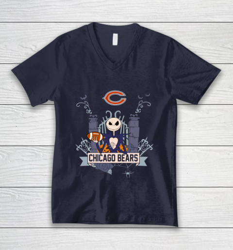 NFL Chicago Bears Football Jack Skellington Halloween V-Neck T-Shirt 2