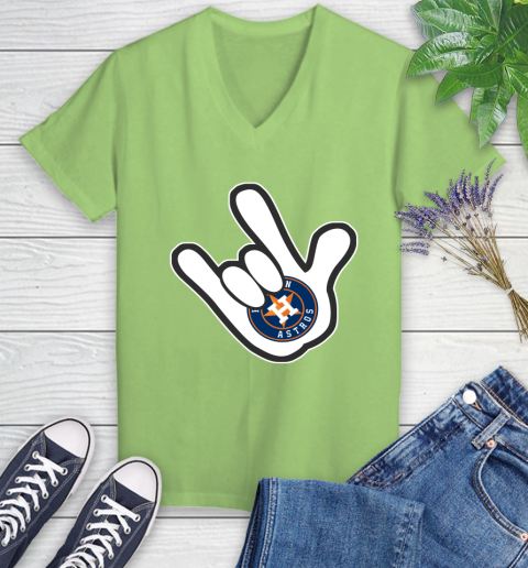 Houston Astros MLB Baseball Mickey Rock Hand Disney Women's V-Neck T-Shirt 11