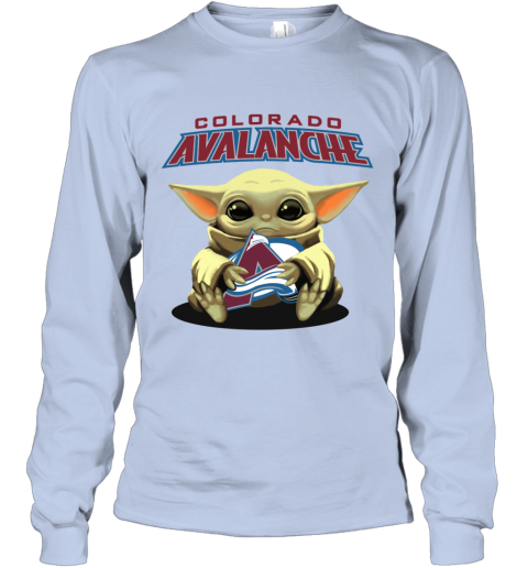 dsnv baby yoda hugs the colorado avalanche youth long sleeve 50 front light blue