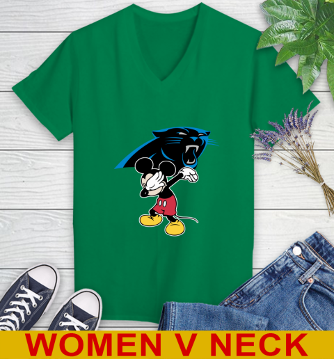 Carolina Panthers NFL Football Dabbing Mickey Disney Sports Women's V-Neck T-Shirt 6