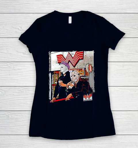 Michael Myers and Jason Voorhees drinking Whataburger Women's V-Neck T-Shirt 2