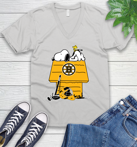 Boston Bruins NHL Hockey Snoopy Woodstock The Peanuts Movie V-Neck T-Shirt